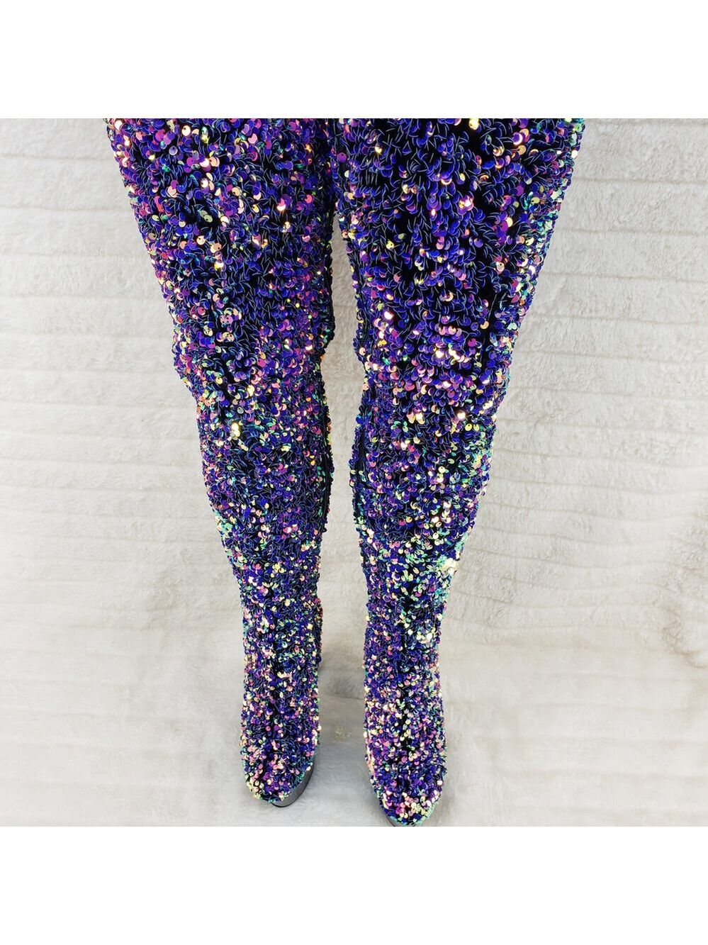 NIB Adore 3020 Purple Multi Sequin High Heel Platform Thigh High Boots - Picture 7 of 14